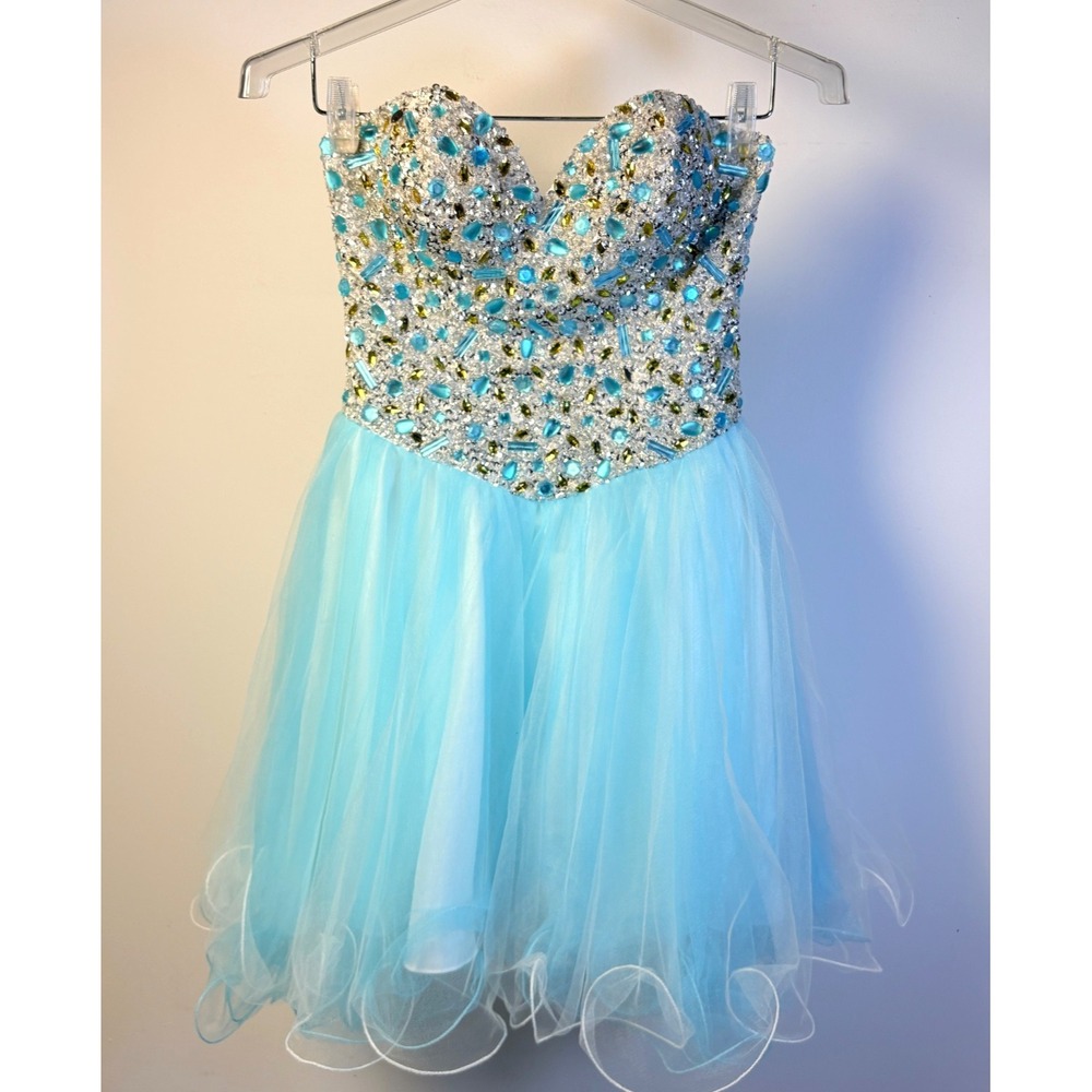 ALYCE Paris Strapless Crystal Bling Tulle HoCo Quinceañera Sweet 16 Dress Aqua 0